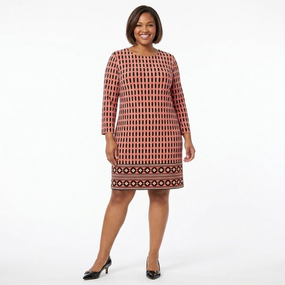 Michael Kors Dresses & Skirts - Michael Kors Coral Black‎ Geometric Sheath Dress Large 3/4 Sleeve Office